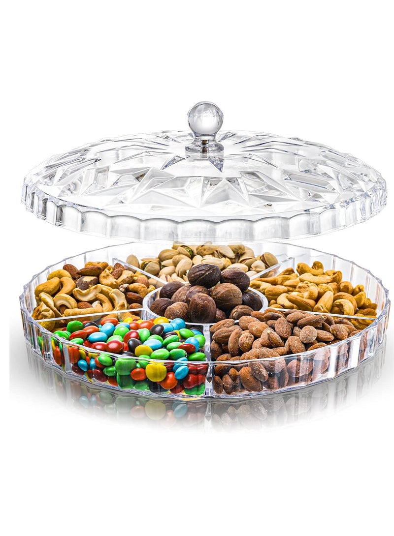 Snack Serving Tray, 12 Appetizer Tray with Lid, 6 Compartments Round Plastic Food Storage Organizer for Dried Fruits, Nuts, Candies, Sweet Cookies and Fruits (Clear) - Image 1